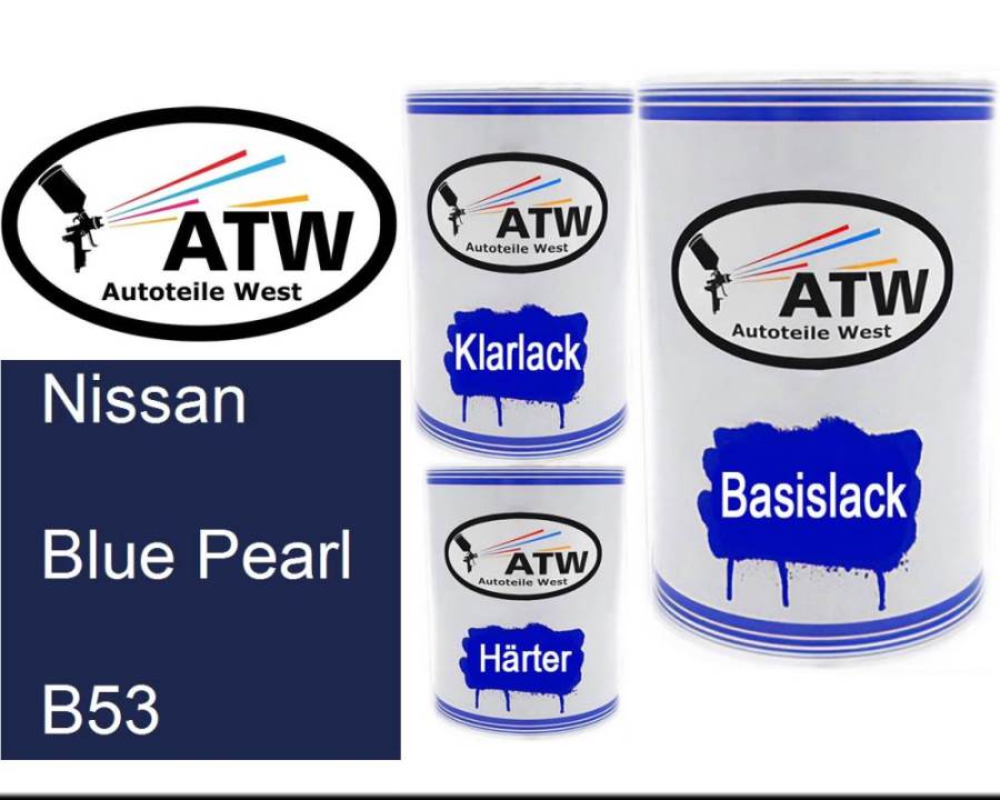 Nissan, Blue Pearl, B53: 500ml Lackdose + 500ml Klarlack + 250ml Härter - Set, von ATW Autoteile West.
